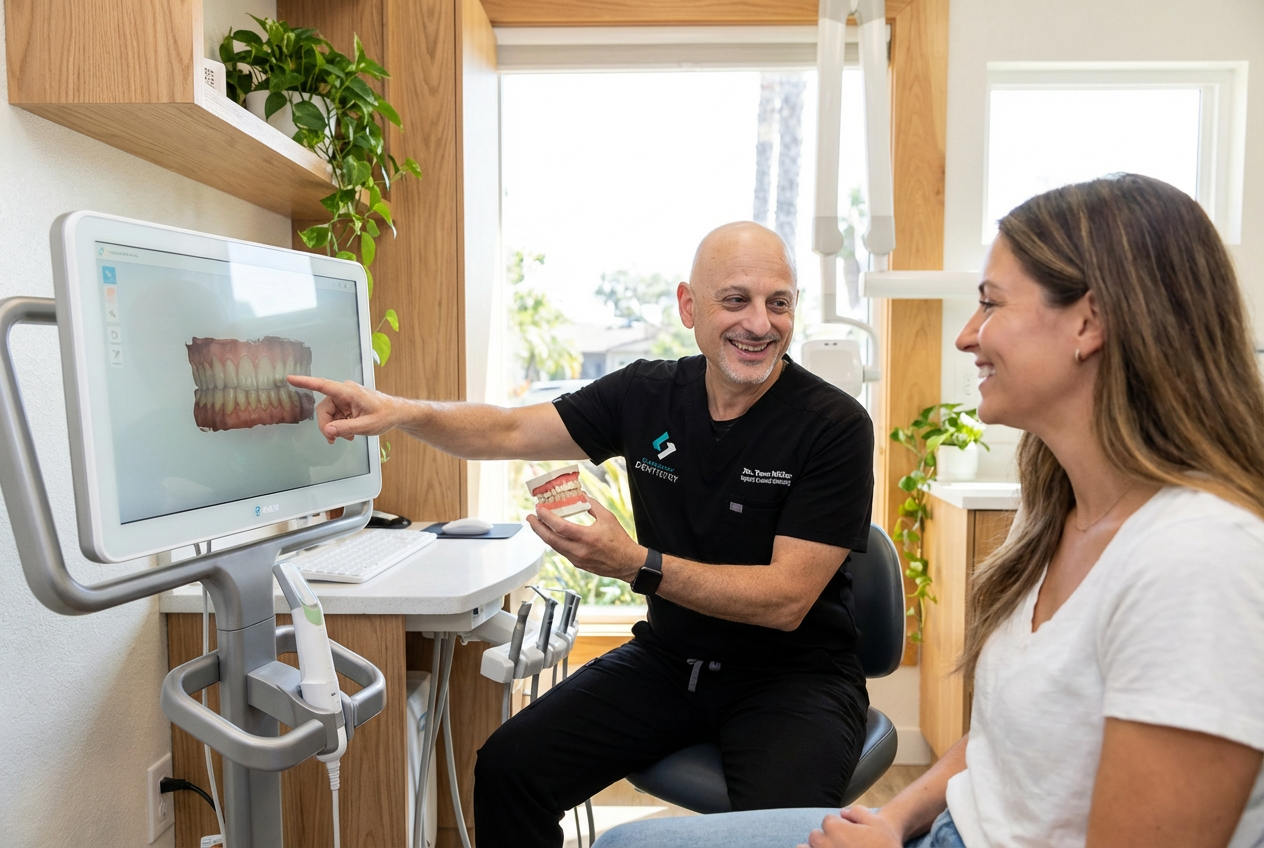 A Clairemont Dentistry dentist points to a digital 3D scan on a monitor while explaining a patient’s bite and smile alignment in a bright dental exam room.