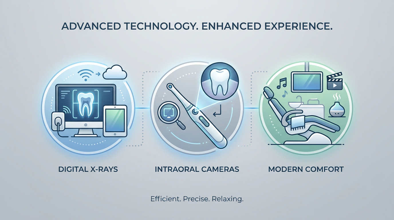 Minimal-text infographic-style visual: Icons representing digital X-rays, intraoral cameras, and modern comfort.