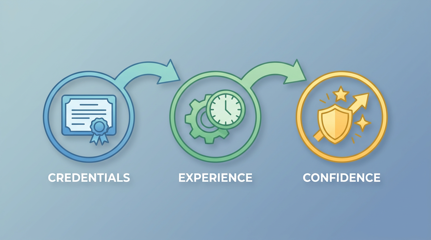 Minimal-text infographic-style visual: A simple diagram showing "Credentials" flowing to "Experience" flowing to "Confidence."