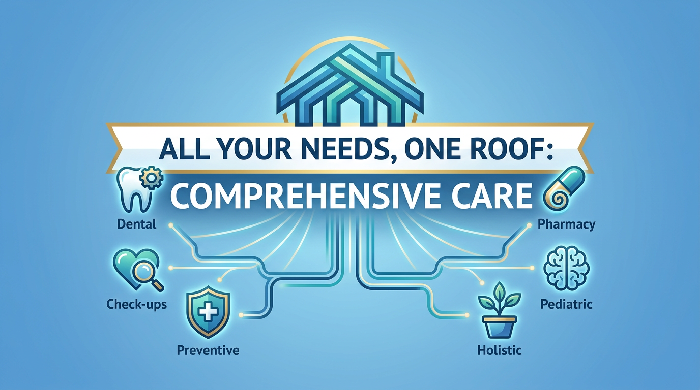 One-phrase callout-style visual: "All Your Needs, One Roof: Comprehensive Care."