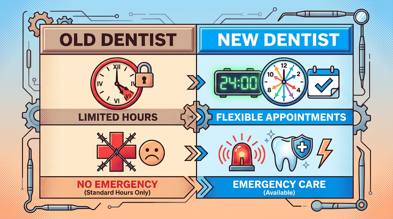 Minimal-text table-style comparison visual: A small table comparing "Old Dentist" (limited hours, no emergency) vs.