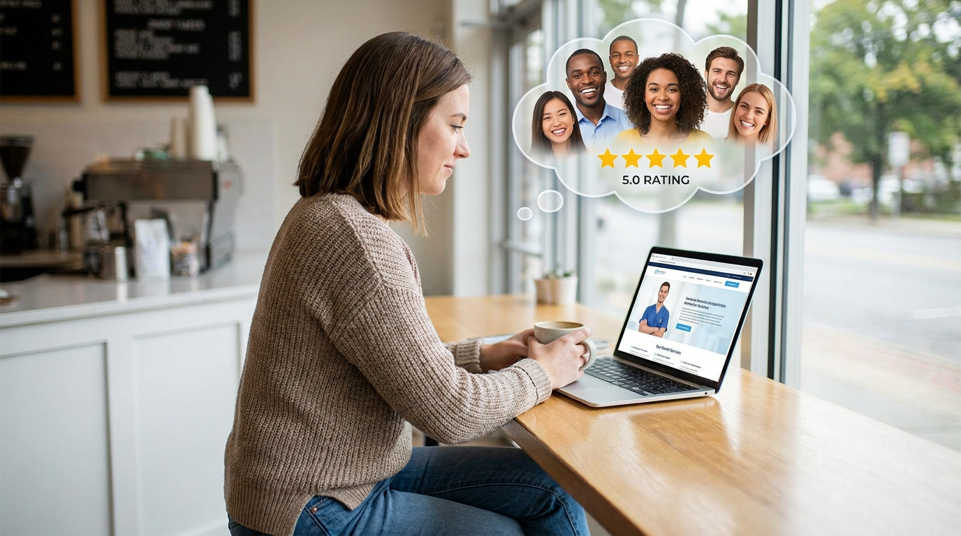 Photorealistic lifestyle dental scene: A woman (Lauren) researching on her laptop, with a thought bubble of happy patient faces and star ratings.