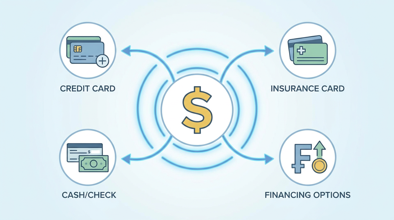 Minimal-text infographic-style visual: A graphic showing various payment options (e.g., credit card icon, insurance card icon) centered around a dollar sign.