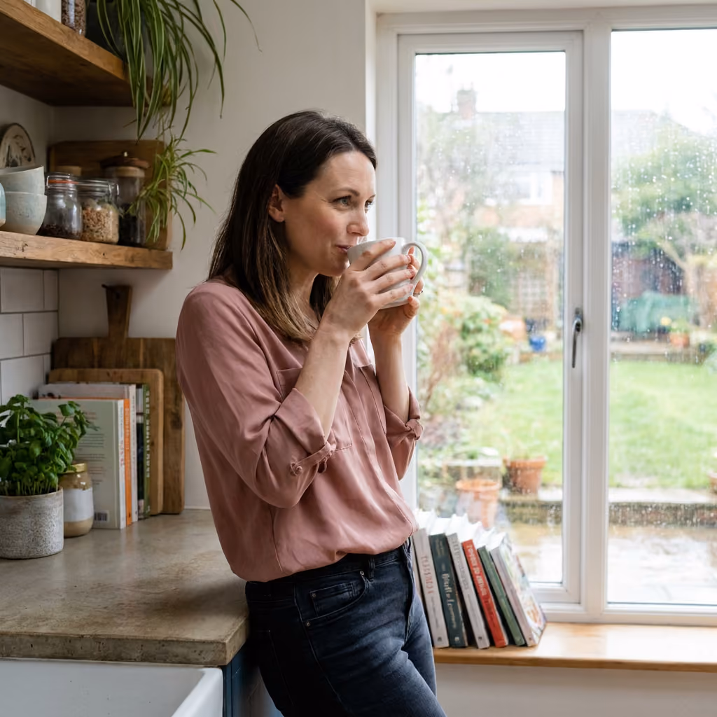 Lauren sips coffee from a mug, looking serenely out her kitchen window.