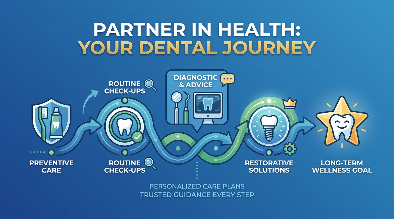 One-phrase callout-style visual: "Partner in Health: Your Dental Journey."