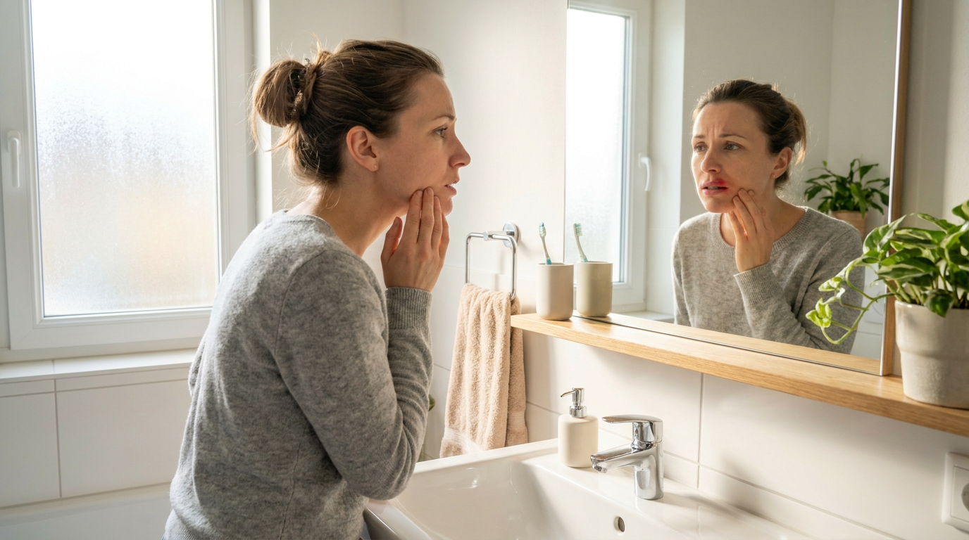 Erin, touches her visibly swollen, red gum area thoughtfully as she looks concerned into a bathroom mirror.