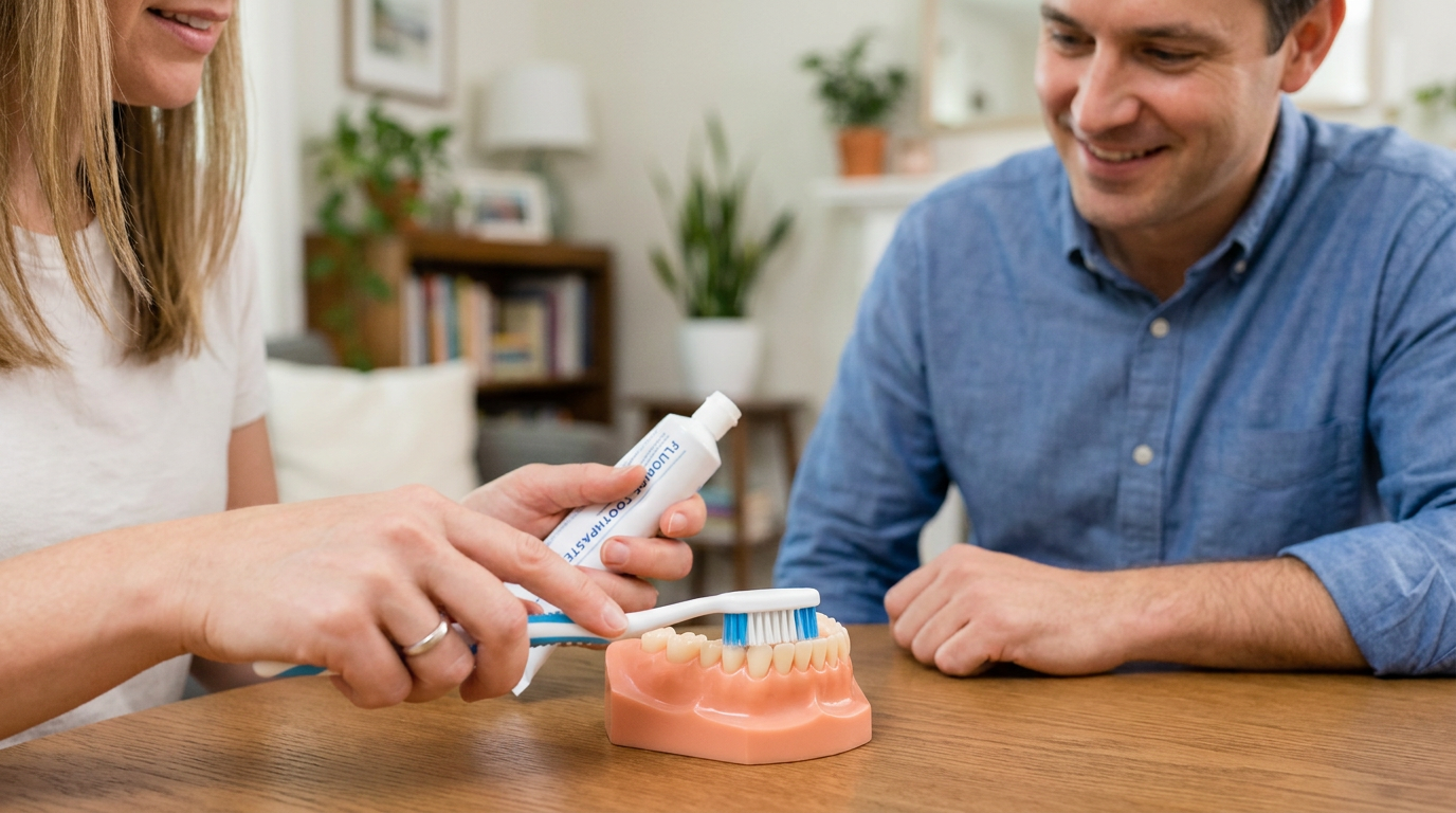 A close-up of Erin,'s hand gently holding a soft-bristled toothbrush to a dental model, demonstrating small circular motions near the gumline.