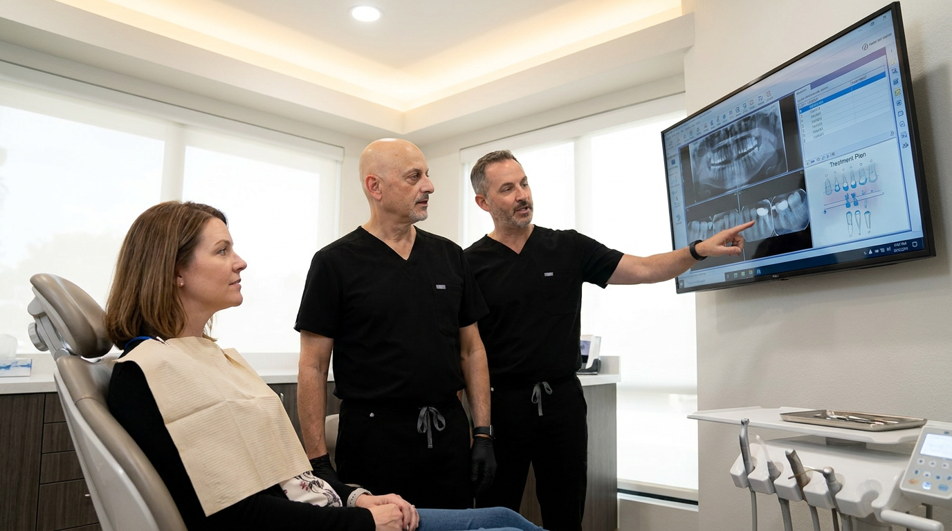 Erin, sits in a modern dental chair, looking attentively at Dr.