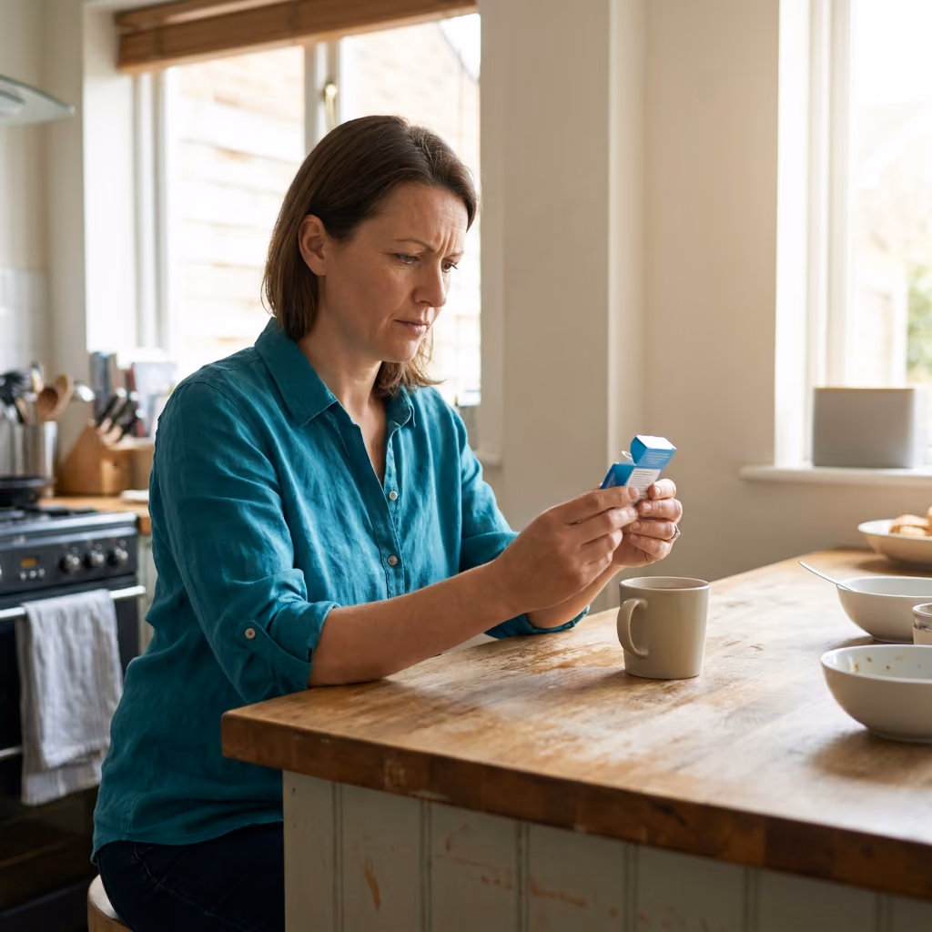 Erin sits at a kitchen island, studying dental floss instructions, next to a mug of tea.