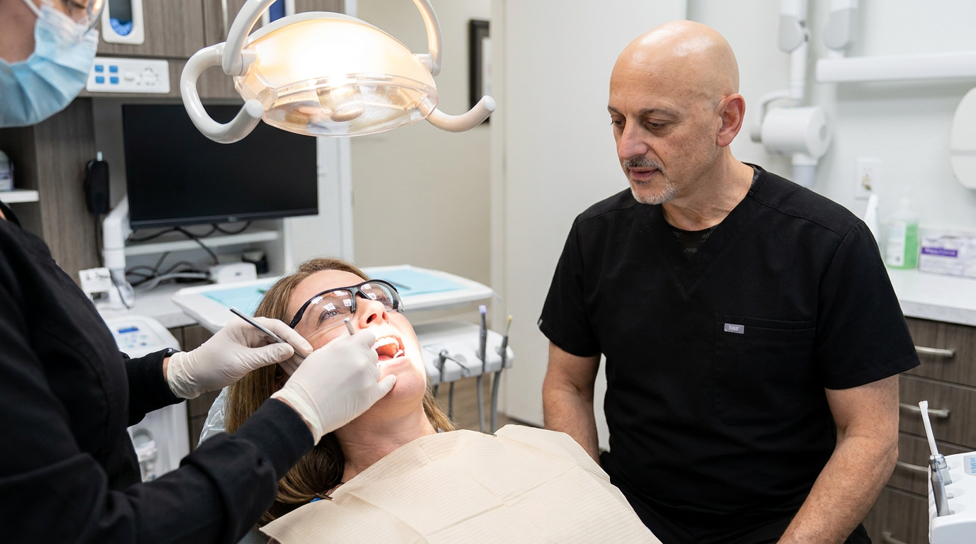 Erin, is seated in a dental operatory chair, receiving a professional dental cleaning from a hygienist (unseen), with a dental lamp focused on her mouth.