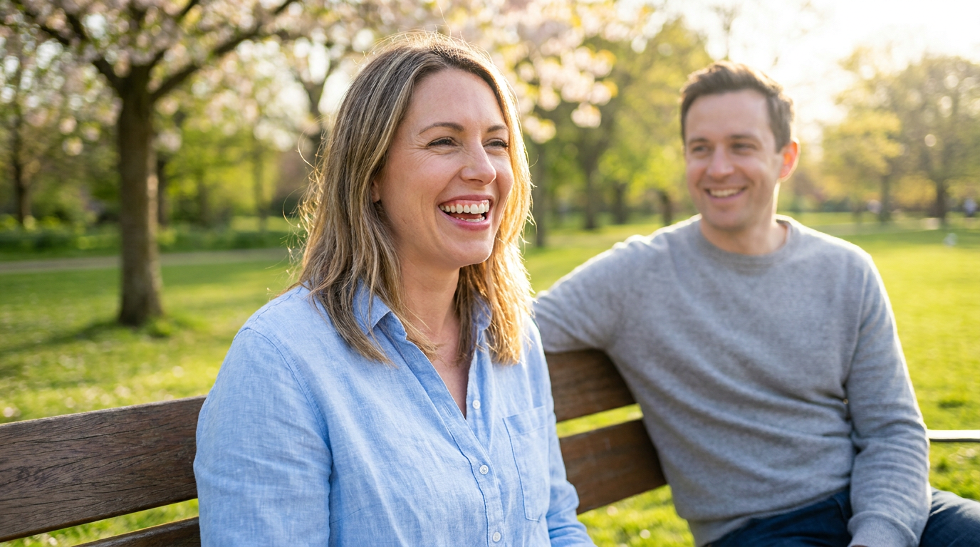 Erin, is smiling genuinely, looking confident and healthy, outdoors in a sunlit park setting.