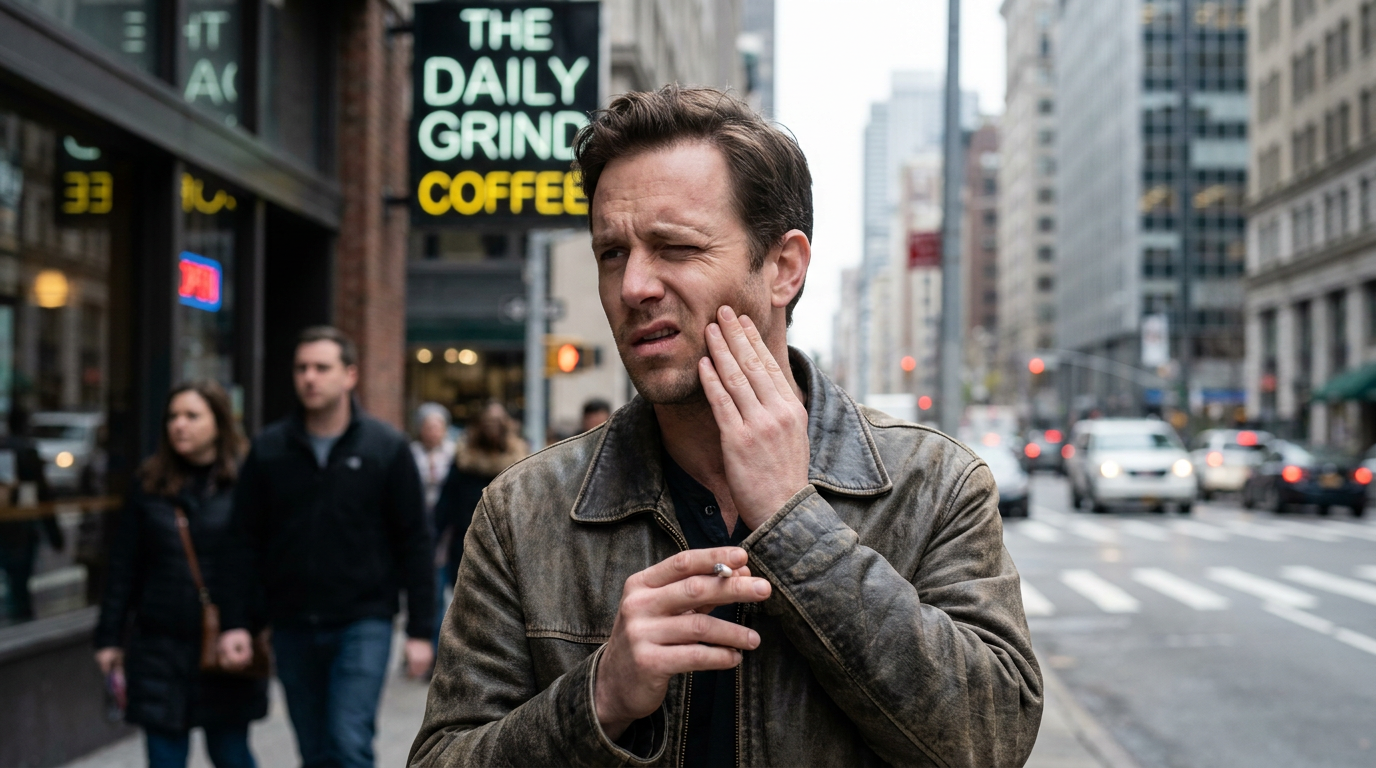 A man, Dylan, in his late 30s, stands outside a busy cafe, smoking a cigarette, with a pained expression as he touches his mouth.