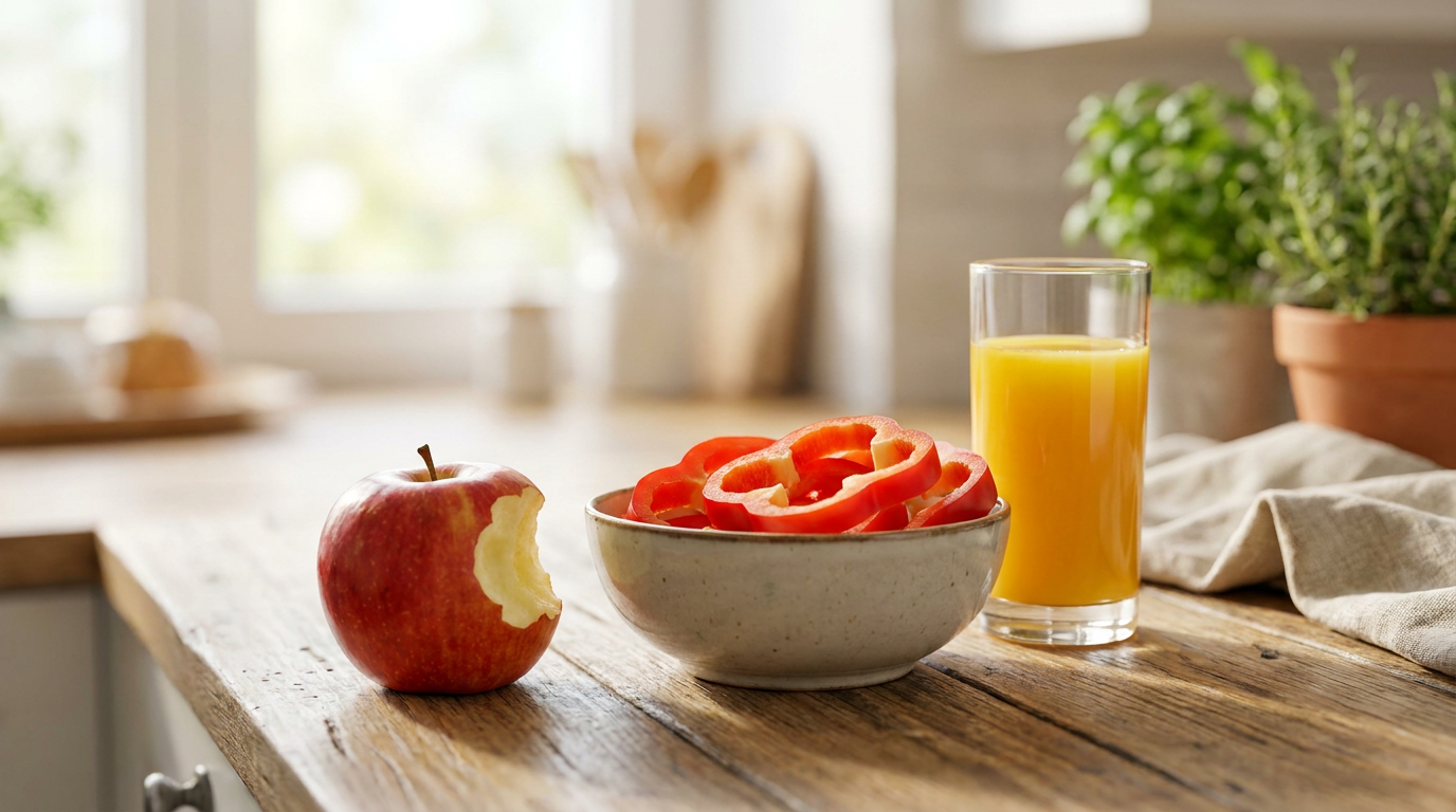 A vibrant still life of an apple with a bite taken out, a bowl of red bell pepper slices, and a glass of orange juice on a rustic wooden kitchen counter, emphasizing gum-healthy foods.