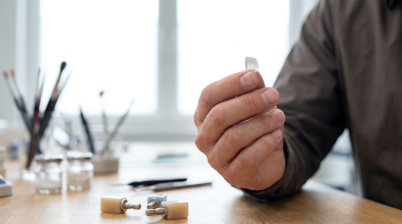 A hand holding a very thin, translucent porcelain veneer, silhouetted against a softly blurred background of a modern dental lab.
