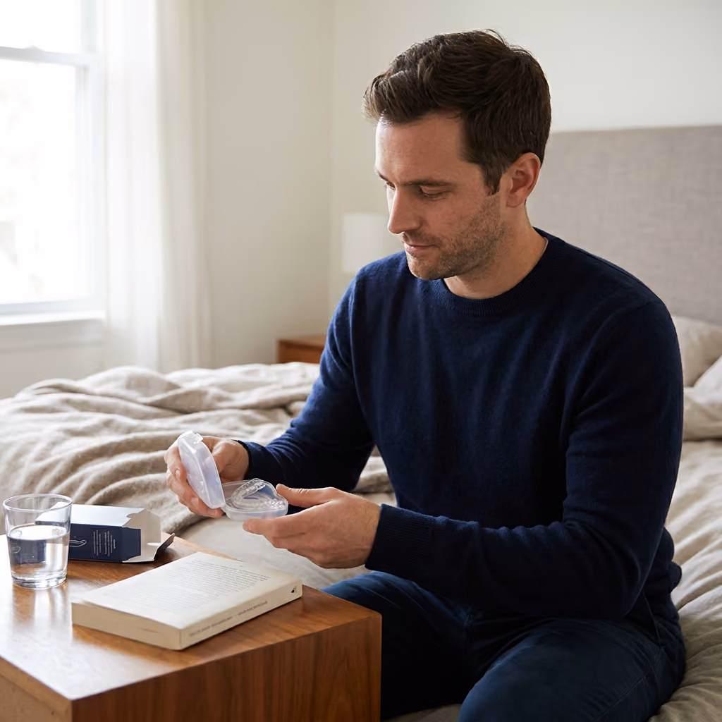 Caleb, in a navy crewneck, unwraps a new night guard on his nightstand next to a book.