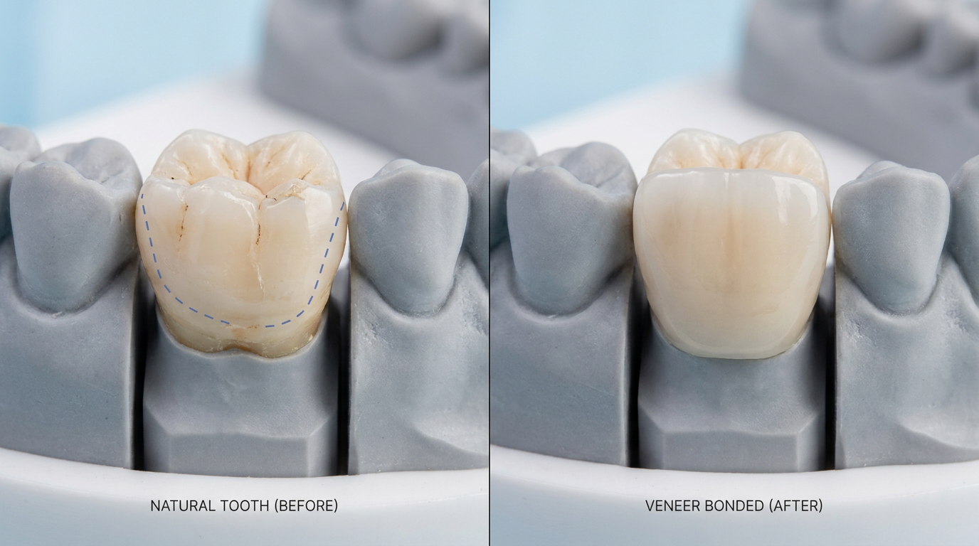 A split-panel image showing (left) a natural tooth with slight imperfections and (right) the same tooth with a perfectly fitted, thin veneer bonded securely.