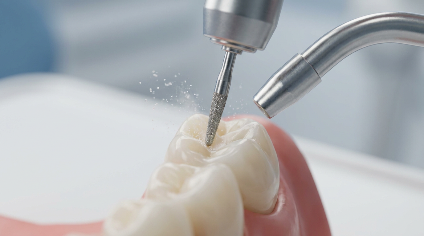 A close-up, detailed shot of a dental instrument gently preparing the surface of a tooth, demonstrating the minimal enamel removal for a veneer.