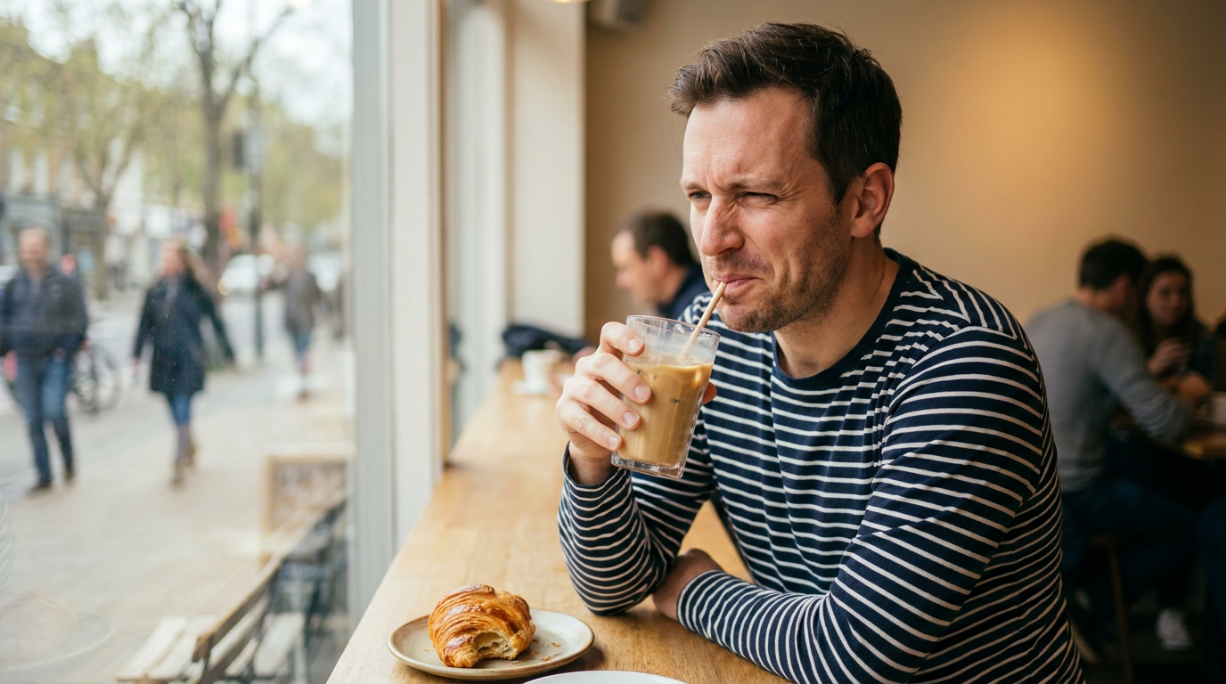 Caleb, gently sips an iced coffee at a cafe window seat, wincing slightly as if experiencing fleeting sensitivity.