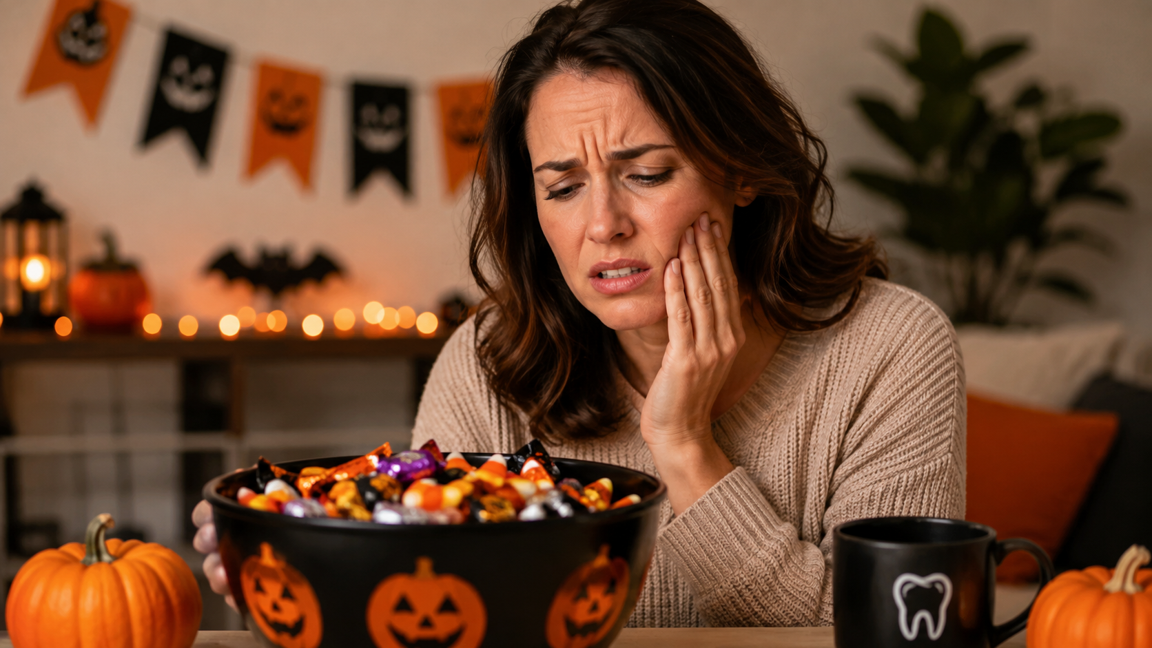 Woman holding her cheek in tooth pain beside a bowl of Halloween candy, surrounded by pumpkins and festive orange-and-black decorations.