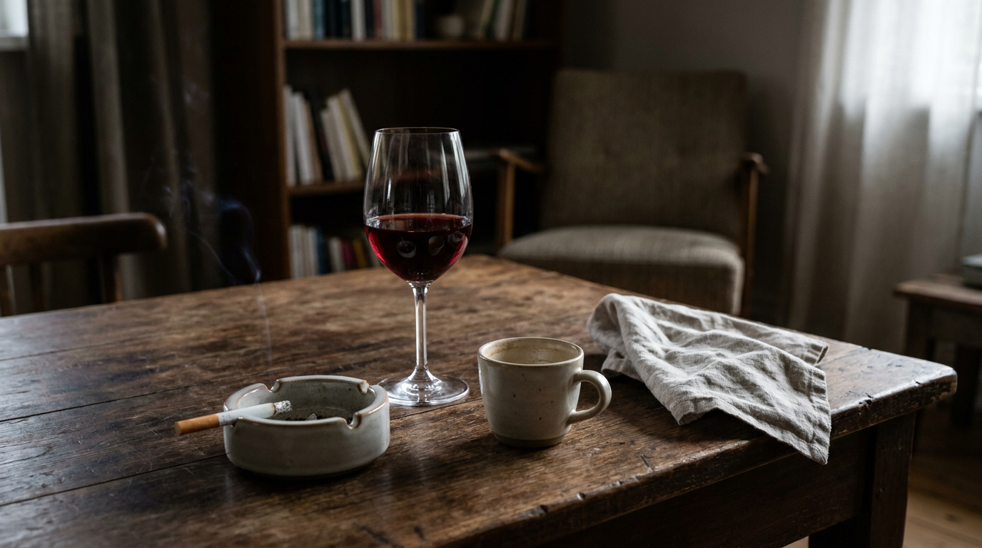 A detailed still life of a cigarette and a glass of red wine on a dark wood table next to a small, empty coffee cup, with soft, ambient lighting, representing lifestyle factors that can affect veneer longevity.
