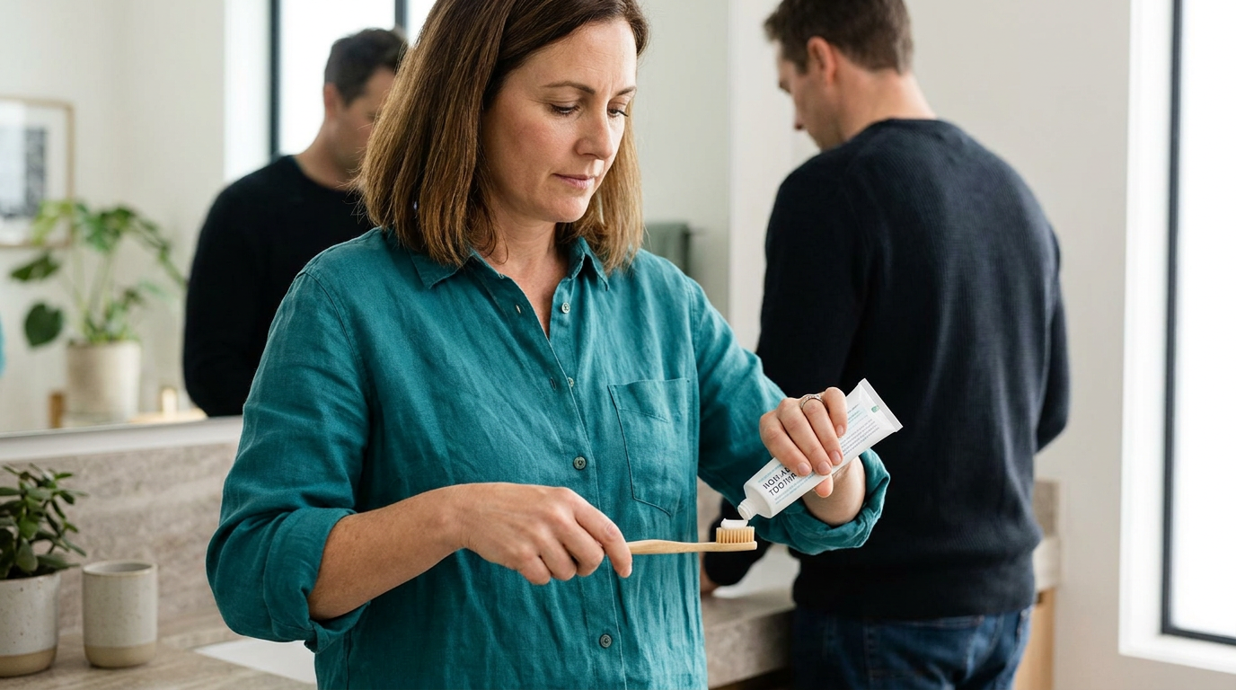 Jenna, in a teal linen shirt, is applying a non-abrasive toothpaste to a soft-bristled toothbrush in her clean, modern bathroom, preparing for her daily oral hygiene routine.