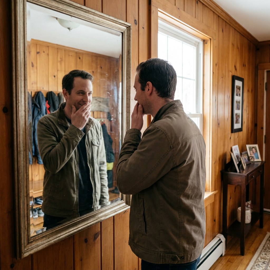 A man in his late 30s, catching his reflection in a hallway mirror, half-smiling while subtly covering his mouth with his hand.