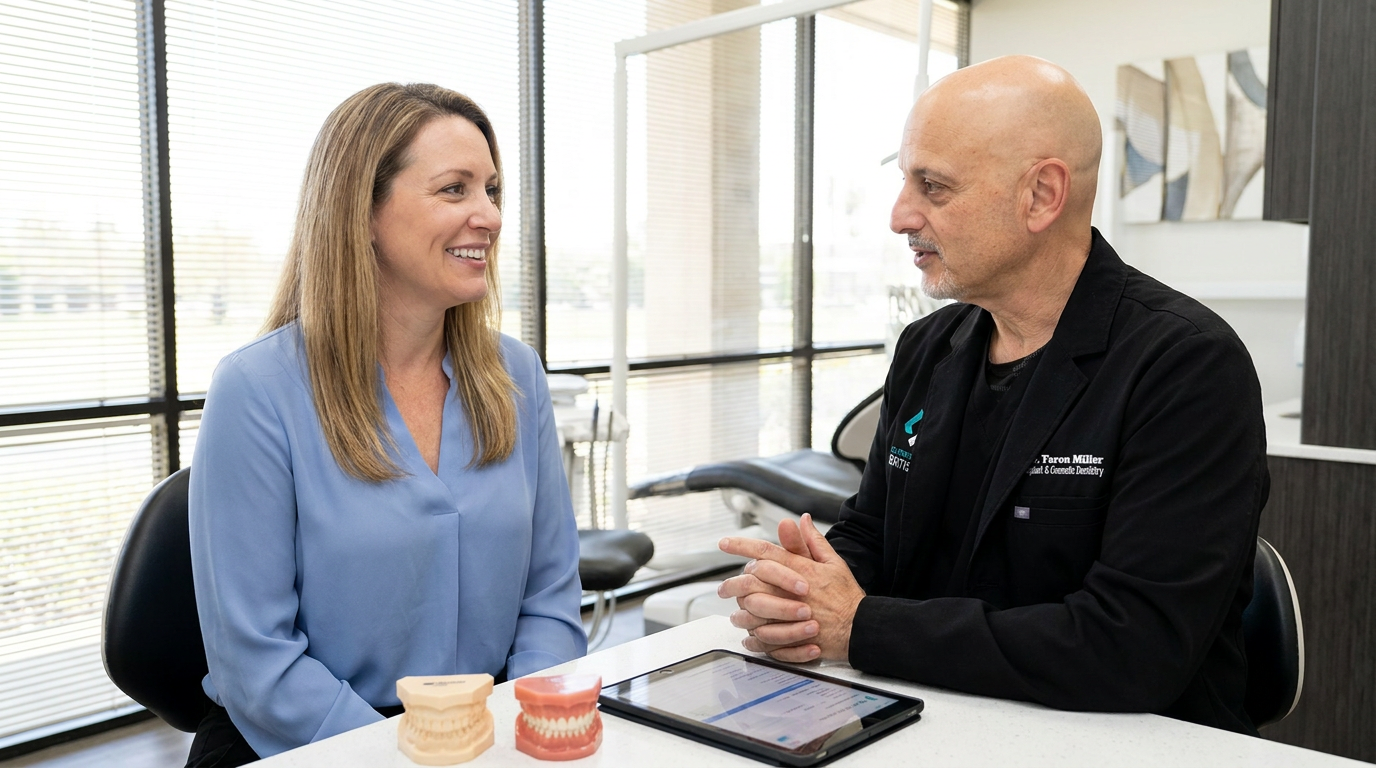 Jenna, with a warm, relieved expression, sits across from Dr. Yaron Miller, in a modern, brightly lit dental consultation room.
