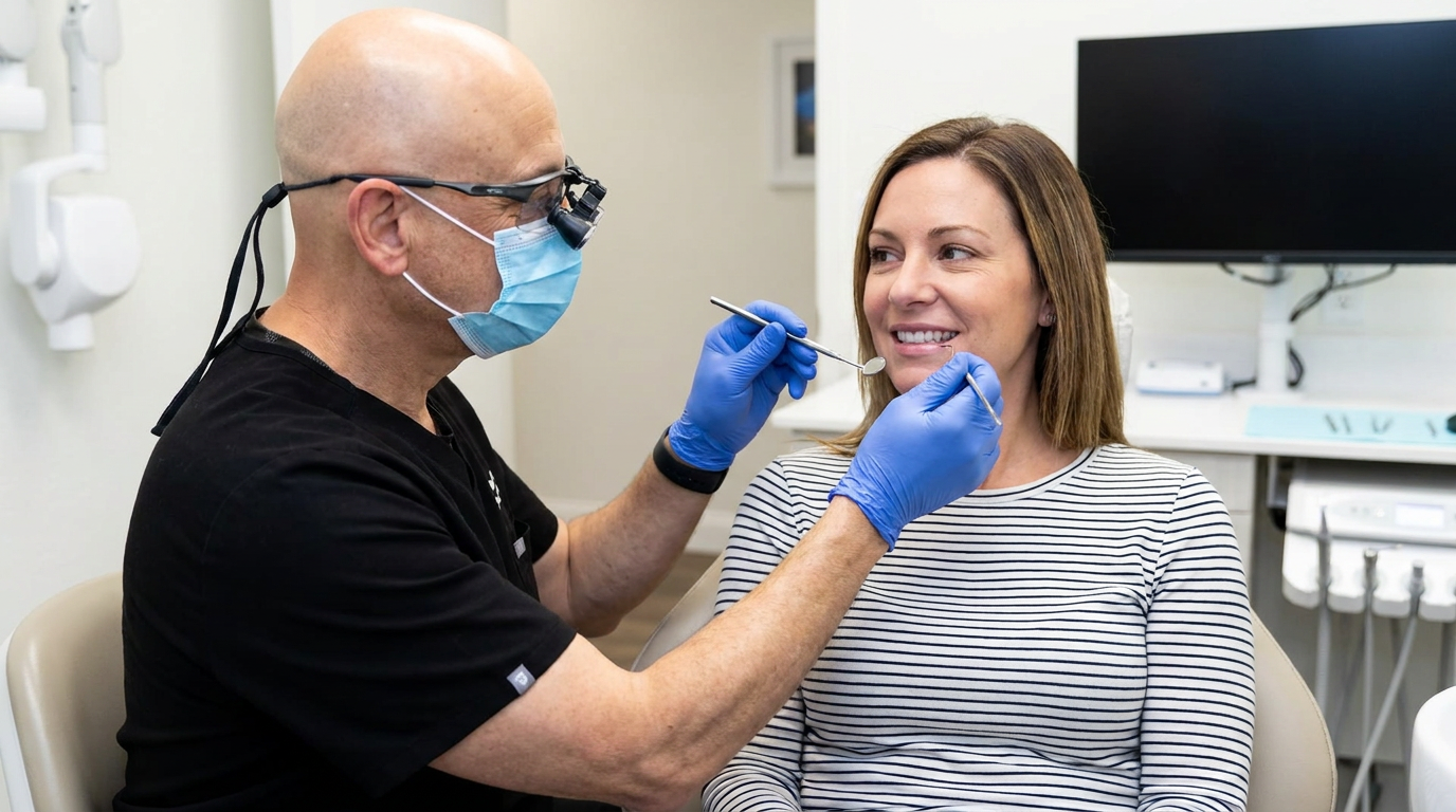 Jenna smiles in a dental chair as Dr. Miller gently examines her veneers with a dental mirror and probe during a routine check-up.