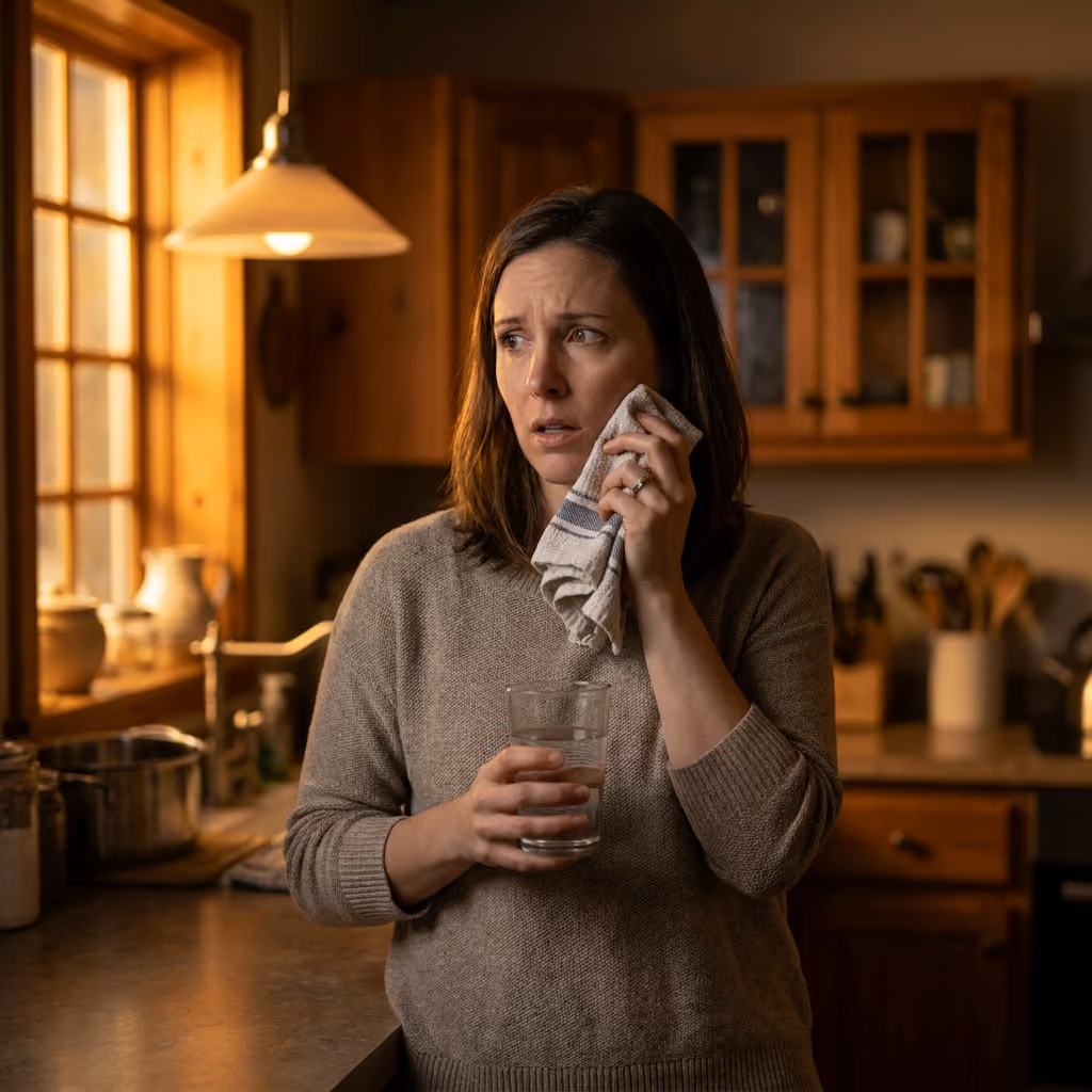 Lily stands in a kitchen, holding a glass of water and a small towel to her cheek, with an alarmed expression.