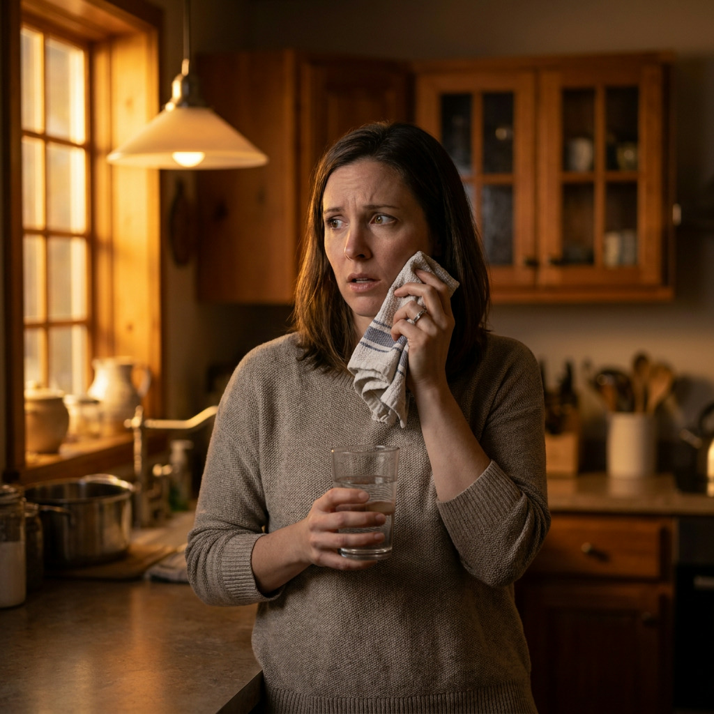 Lily stands in a kitchen, holding a glass of water and a small towel to her cheek, with an alarmed expression.