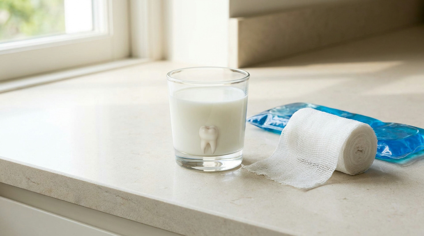 A glass of milk with a tooth inside sits on a light-colored counter next to a roll of white gauze and a blue ice pack, illuminated by natural light from a window.