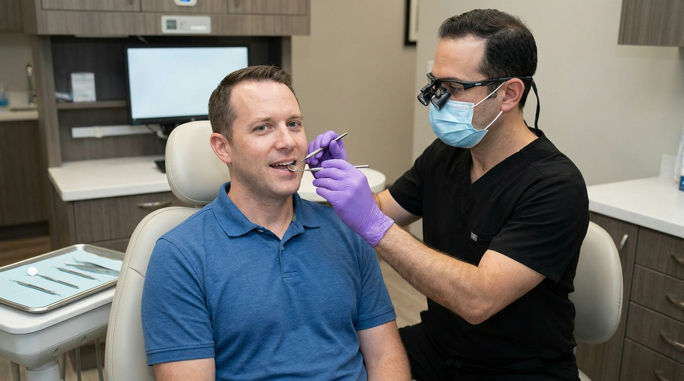 Austin sits in a dental chair while Dr. Yaron Miller, wearing a mask and loupes, examines his teeth with dental instruments.