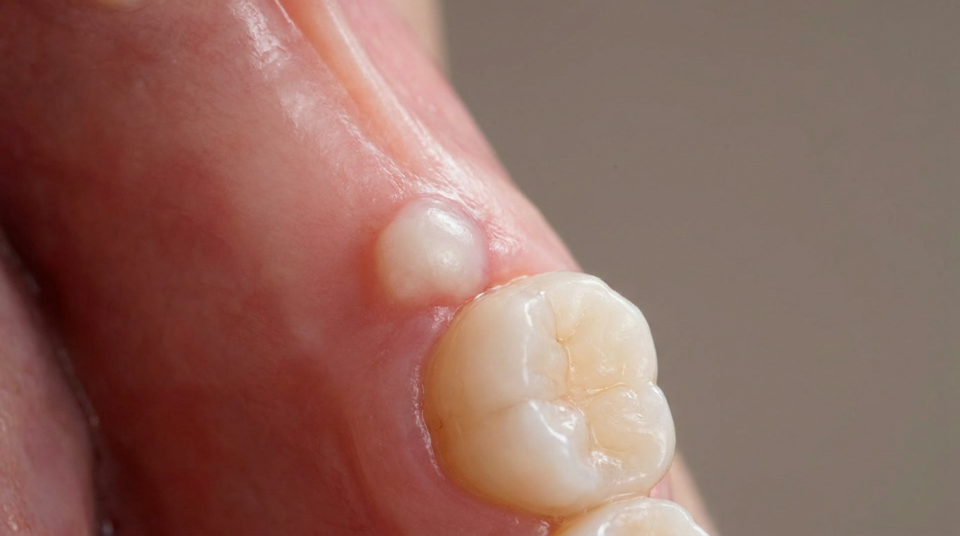 A close-up shows a white, swollen area on the gum line next to a molar, with another molar partially visible below.