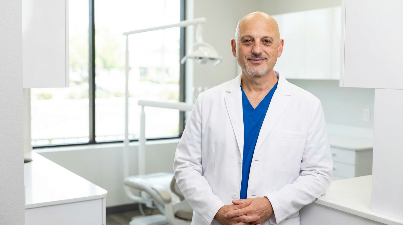 A man in a white lab coat over blue scrubs smiles gently at the camera, his hands clasped, standing in a modern, brightly lit dental office with a dental chair and large windows in the background.