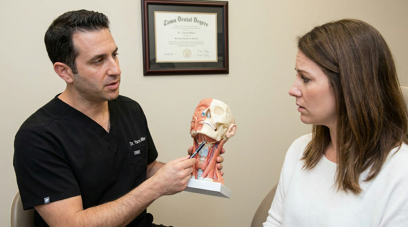 Dr. Yaron Miller in black scrubs points to the throat area of an anatomical head and neck model while speaking to a woman in a white sweater. A framed dental degree hangs on the wall behind them.