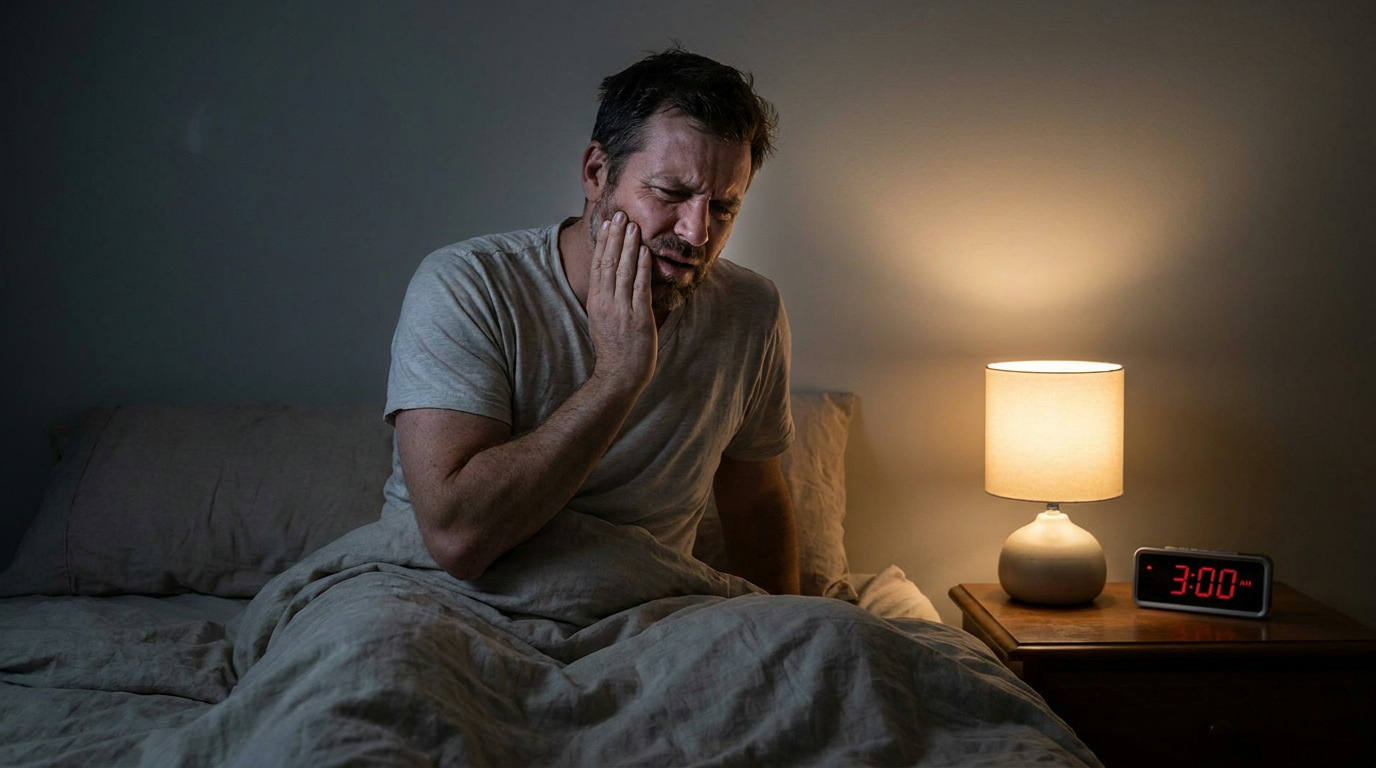 Austin sits up in bed in a dimly lit room, holding his jaw with a distressed expression, next to a glowing bedside lamp and a digital clock showing 3:00 AM.