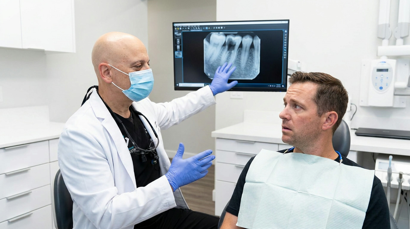 A dentist in a white lab coat, blue mask, and gloves points to a dental X-ray on a monitor while consulting with a patient wearing a dental bib in a modern dental office.