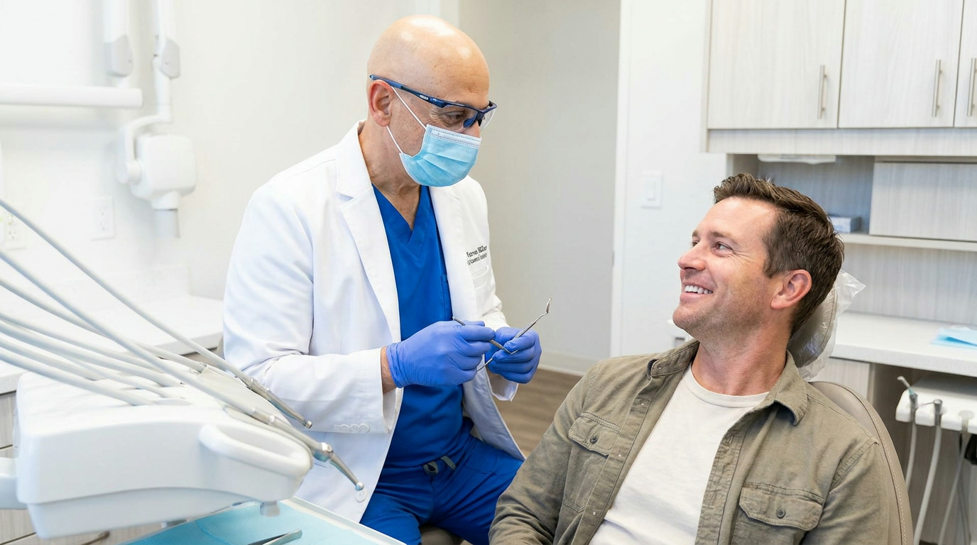 Dr. Yaron Miller, in blue scrubs, white lab coat, mask, and gloves, holds dental tools while looking at Austin, who is seated in a dental chair and smiling in a bright operatory.