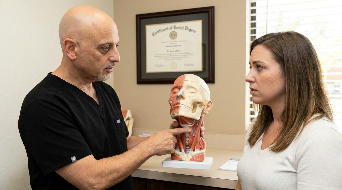 Dr. Yaron Miller, wearing black scrubs, points to the throat area of an anatomical head and neck model while a woman in a white shirt listens intently, with a framed dental degree visible on the wall behind them.