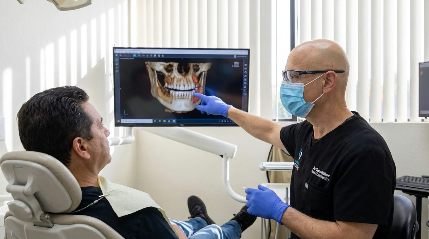 Dr. Yaron Miller, wearing a mask and gloves, points to a 3D dental scan on a monitor while a patient in a dental chair looks on, with natural light filtering through blinds.