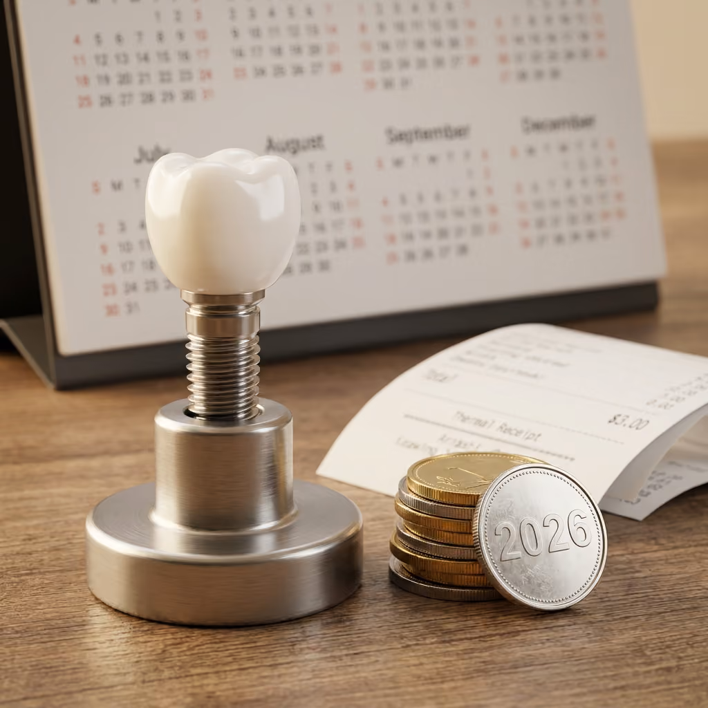 A dental implant model with a white crown on a brushed metal stand sits next to a stack of coins, one showing "2026," and a folded receipt, with a blurred desk calendar in the background.