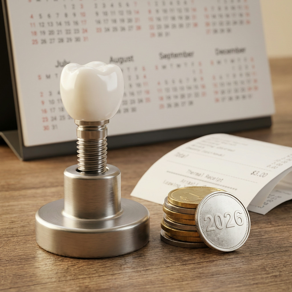 A dental implant model with a white crown on a brushed metal stand sits next to a stack of coins, one showing "2026," and a folded receipt, with a blurred desk calendar in the background.
