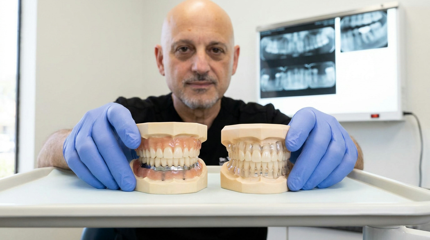 A bald man in blue gloves holds two dental models on a white tray, one with pink gums and a metal bar, the other with clear gums, while dental X-rays are visible on a light box in the background.