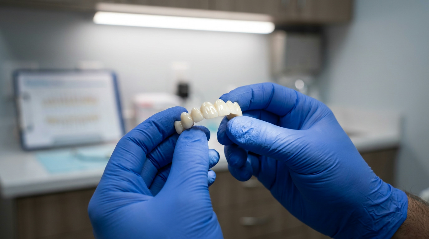 Hands in blue gloves hold a light-colored dental bridge in a dental office setting with a blurred chart in the background.