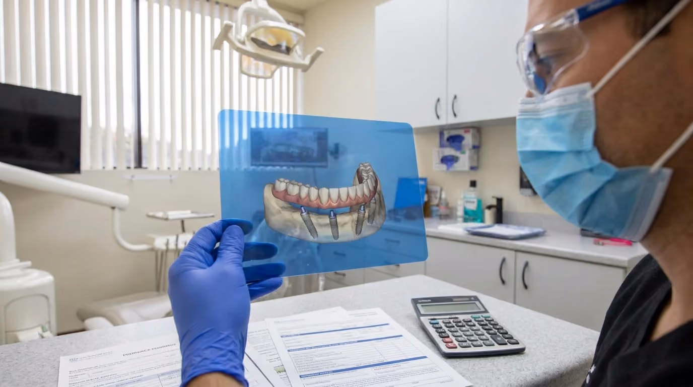 A person wearing blue safety glasses and a surgical mask holds a translucent blue screen displaying a 3D dental implant model, with financial documents and a calculator on a counter in a dental office.