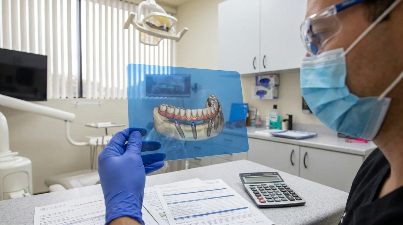 A person wearing blue safety glasses and a surgical mask holds a translucent blue screen displaying a 3D dental implant model, with financial documents and a calculator on a counter in a dental office.