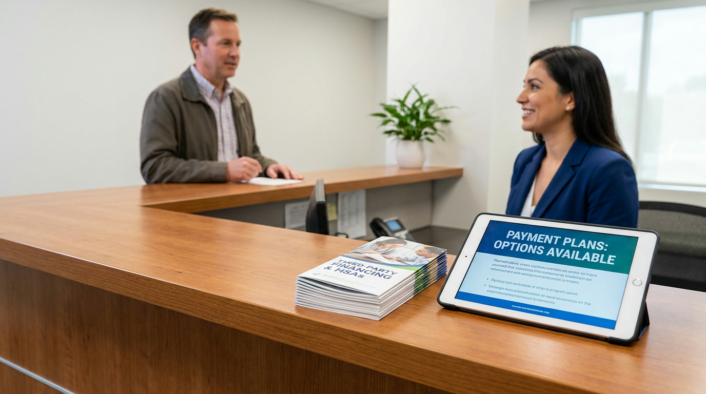 A man stands at a wooden reception desk speaking with a smiling woman in a blue blazer, with a stack of brochures and a tablet displaying "PAYMENT PLANS: OPTIONS AVAILABLE" in the foreground.