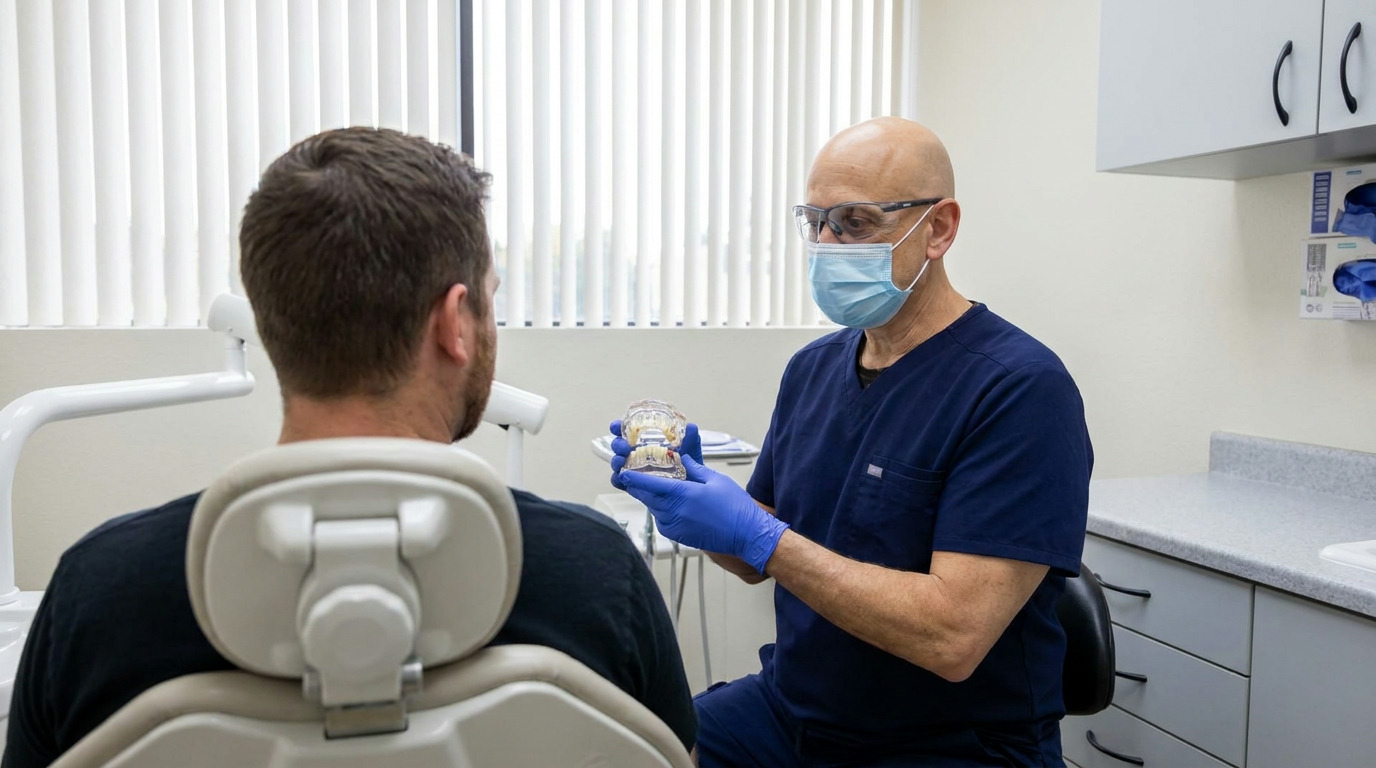 Tyler sits in a dental chair with his back to the camera, while Dr. Yaron Miller, wearing blue scrubs, a mask, and glasses, holds a clear jaw model and speaks to him in a bright dental office.