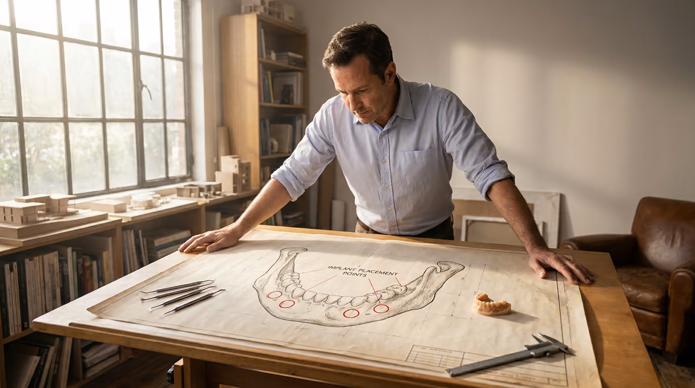 A man in a light blue shirt leans over a drafting table with a jawbone blueprint, dental tools, a model denture, and a caliper, in a sunlit room with a large window.