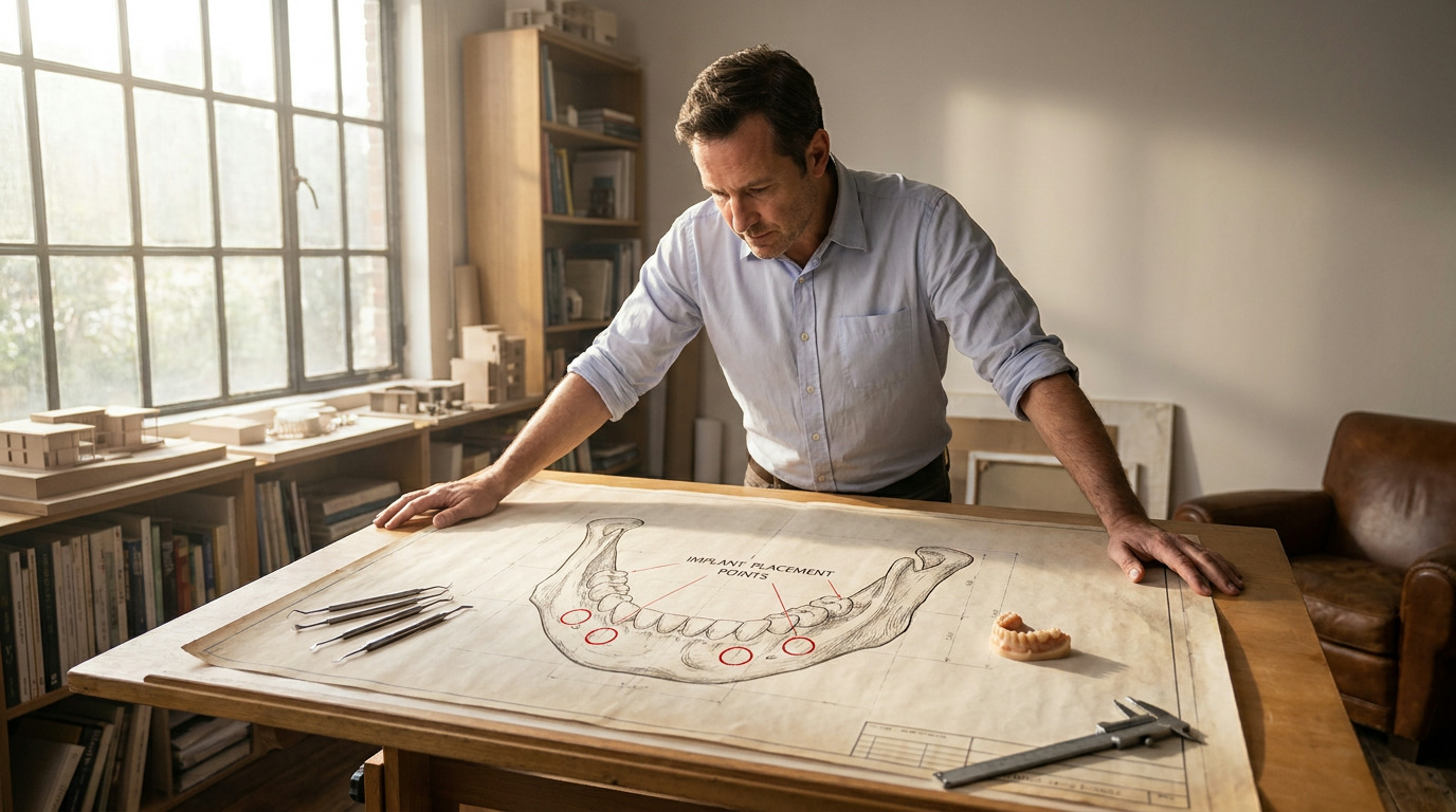 A man in a light blue shirt leans over a drafting table with a jawbone blueprint, dental tools, a model denture, and a caliper, in a sunlit room with a large window.